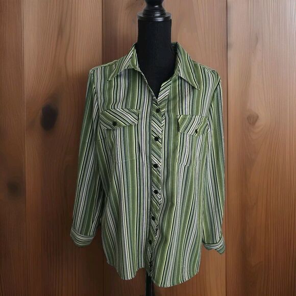 Notations Button Up Top Women Petite Large Striped Chartreuse Retro Stretch - Picture 1 of 9